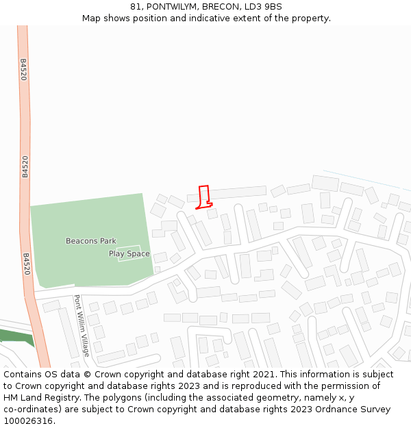 81, PONTWILYM, BRECON, LD3 9BS: Location map and indicative extent of plot