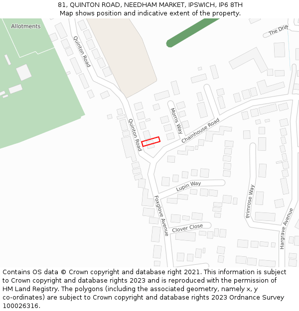 81, QUINTON ROAD, NEEDHAM MARKET, IPSWICH, IP6 8TH: Location map and indicative extent of plot