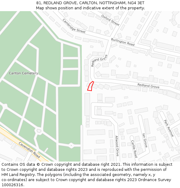 81, REDLAND GROVE, CARLTON, NOTTINGHAM, NG4 3ET: Location map and indicative extent of plot