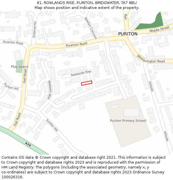 81, ROWLANDS RISE, PURITON, BRIDGWATER, TA7 8BU: Location map and indicative extent of plot