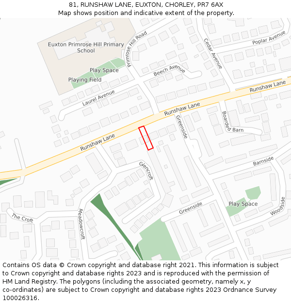 81, RUNSHAW LANE, EUXTON, CHORLEY, PR7 6AX: Location map and indicative extent of plot