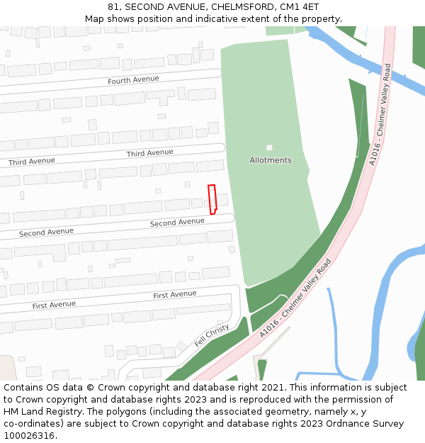 81, SECOND AVENUE, CHELMSFORD, CM1 4ET: Location map and indicative extent of plot