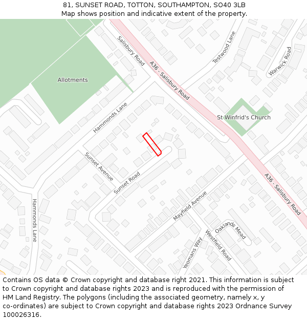 81, SUNSET ROAD, TOTTON, SOUTHAMPTON, SO40 3LB: Location map and indicative extent of plot