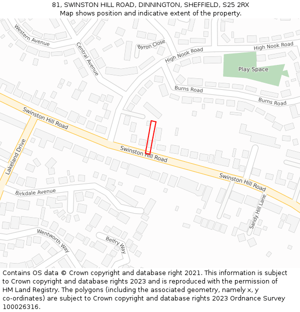 81, SWINSTON HILL ROAD, DINNINGTON, SHEFFIELD, S25 2RX: Location map and indicative extent of plot