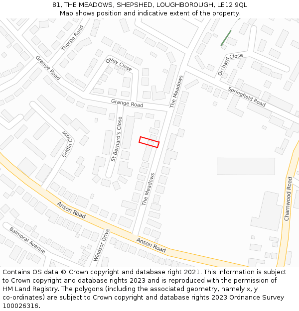 81, THE MEADOWS, SHEPSHED, LOUGHBOROUGH, LE12 9QL: Location map and indicative extent of plot