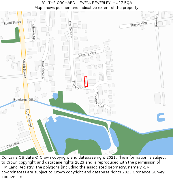 81, THE ORCHARD, LEVEN, BEVERLEY, HU17 5QA: Location map and indicative extent of plot