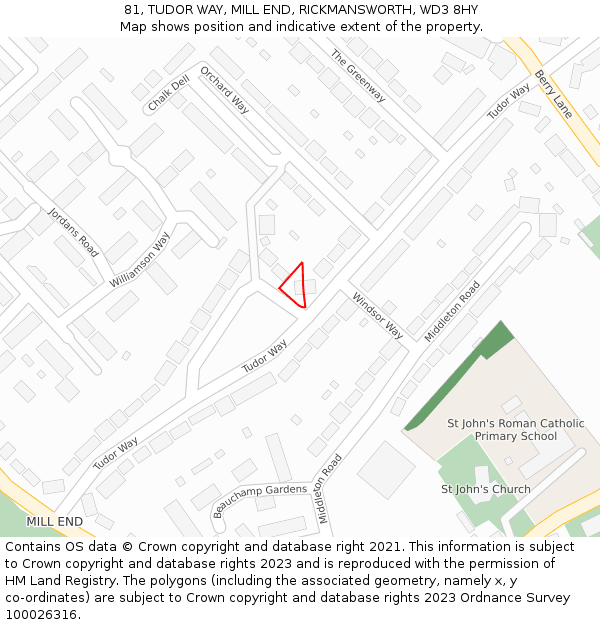 81, TUDOR WAY, MILL END, RICKMANSWORTH, WD3 8HY: Location map and indicative extent of plot