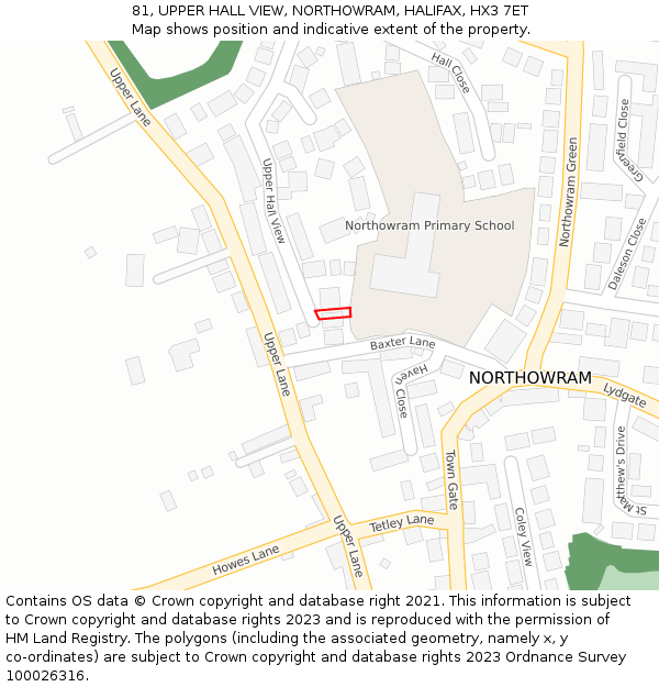 81, UPPER HALL VIEW, NORTHOWRAM, HALIFAX, HX3 7ET: Location map and indicative extent of plot