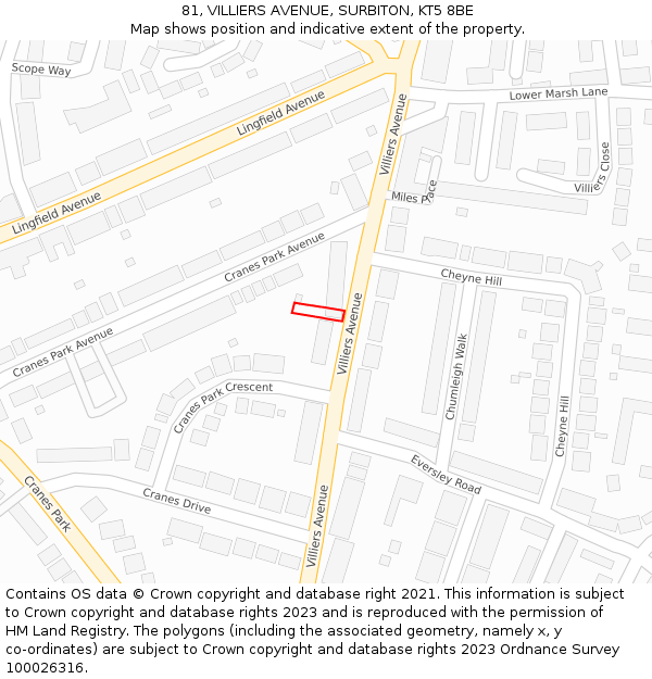 81, VILLIERS AVENUE, SURBITON, KT5 8BE: Location map and indicative extent of plot