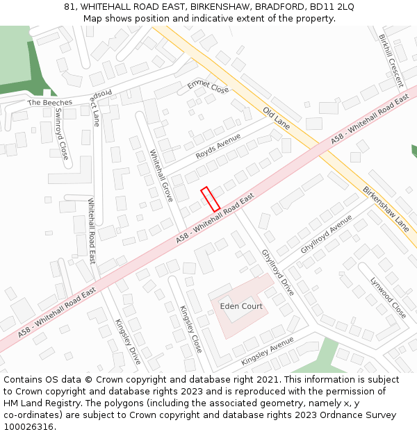 81, WHITEHALL ROAD EAST, BIRKENSHAW, BRADFORD, BD11 2LQ: Location map and indicative extent of plot