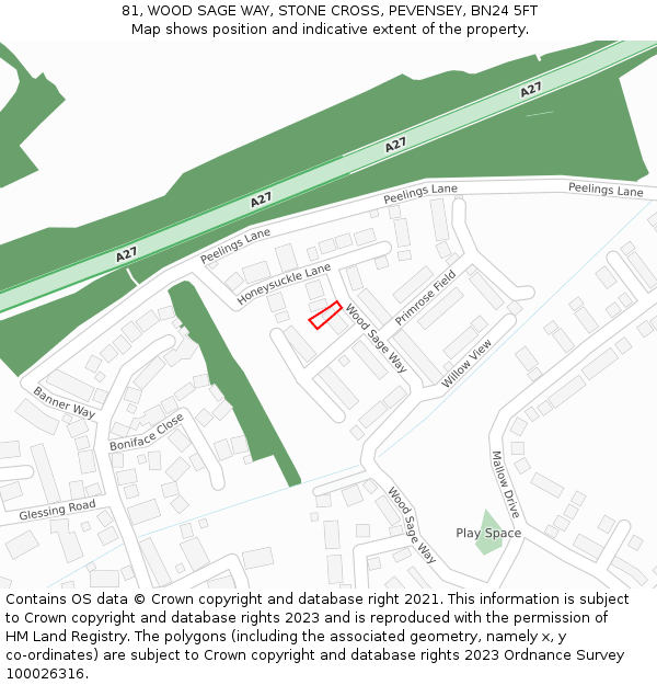 81, WOOD SAGE WAY, STONE CROSS, PEVENSEY, BN24 5FT: Location map and indicative extent of plot