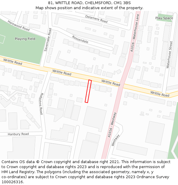 81, WRITTLE ROAD, CHELMSFORD, CM1 3BS: Location map and indicative extent of plot