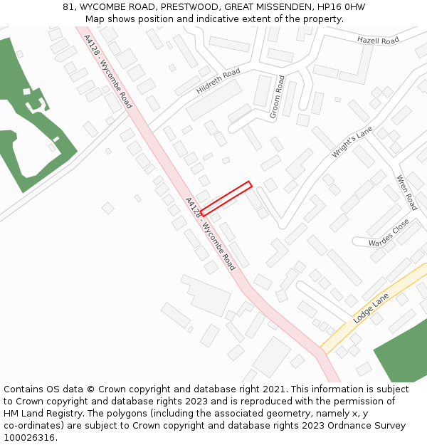 81, WYCOMBE ROAD, PRESTWOOD, GREAT MISSENDEN, HP16 0HW: Location map and indicative extent of plot