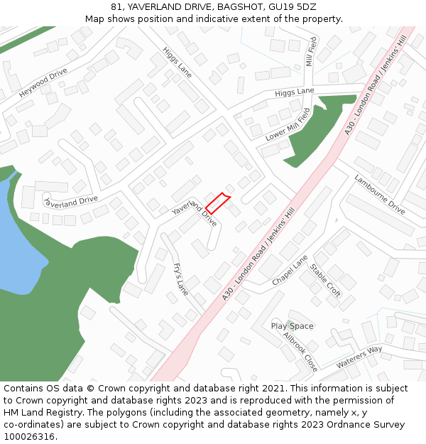 81, YAVERLAND DRIVE, BAGSHOT, GU19 5DZ: Location map and indicative extent of plot