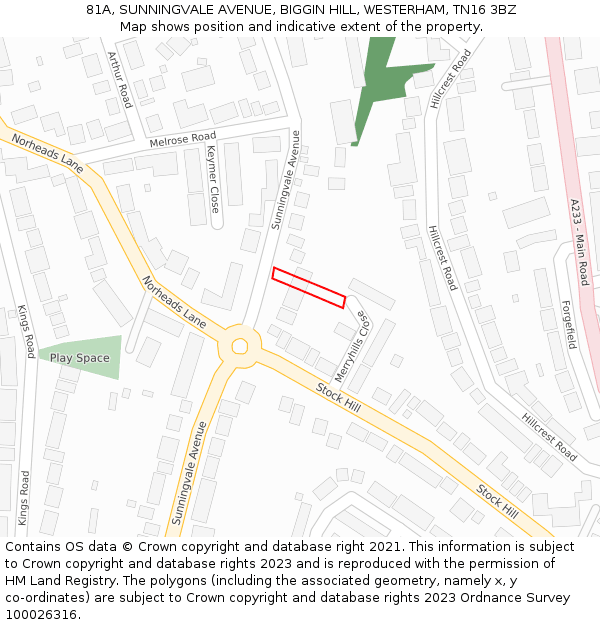 81A, SUNNINGVALE AVENUE, BIGGIN HILL, WESTERHAM, TN16 3BZ: Location map and indicative extent of plot