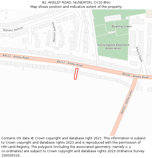 82, ANSLEY ROAD, NUNEATON, CV10 8NU: Location map and indicative extent of plot