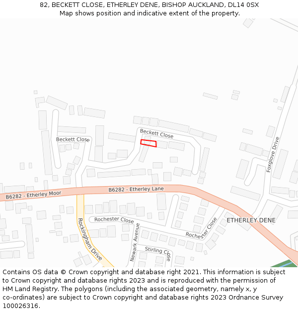 82, BECKETT CLOSE, ETHERLEY DENE, BISHOP AUCKLAND, DL14 0SX: Location map and indicative extent of plot