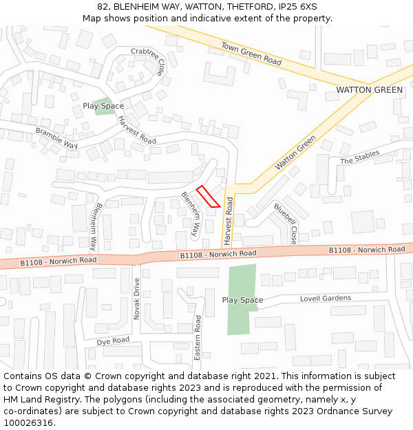82, BLENHEIM WAY, WATTON, THETFORD, IP25 6XS: Location map and indicative extent of plot