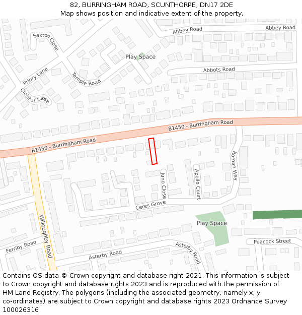 82, BURRINGHAM ROAD, SCUNTHORPE, DN17 2DE: Location map and indicative extent of plot