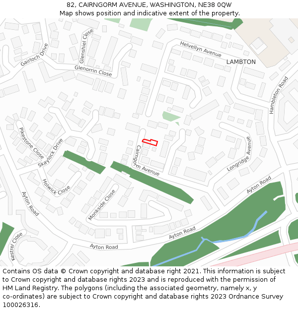 82, CAIRNGORM AVENUE, WASHINGTON, NE38 0QW: Location map and indicative extent of plot