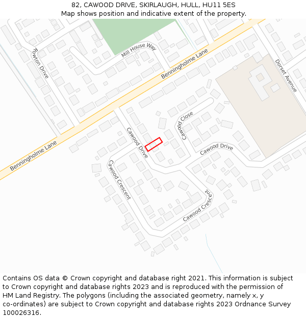 82, CAWOOD DRIVE, SKIRLAUGH, HULL, HU11 5ES: Location map and indicative extent of plot