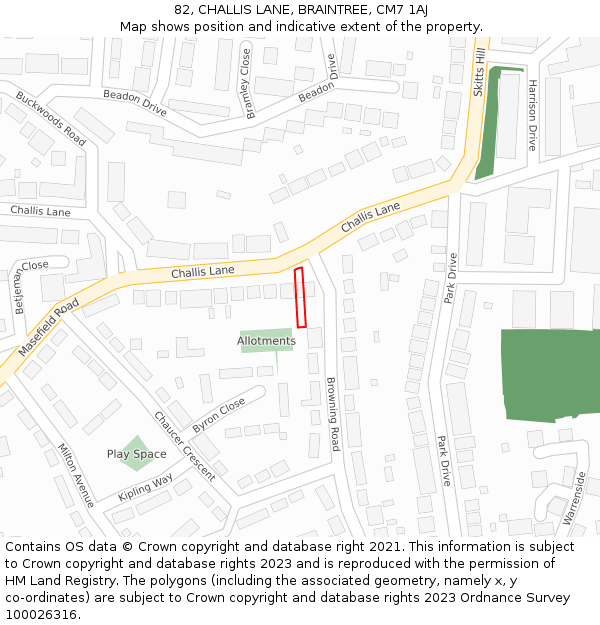 82, CHALLIS LANE, BRAINTREE, CM7 1AJ: Location map and indicative extent of plot