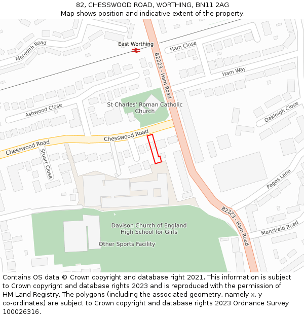 82, CHESSWOOD ROAD, WORTHING, BN11 2AG: Location map and indicative extent of plot