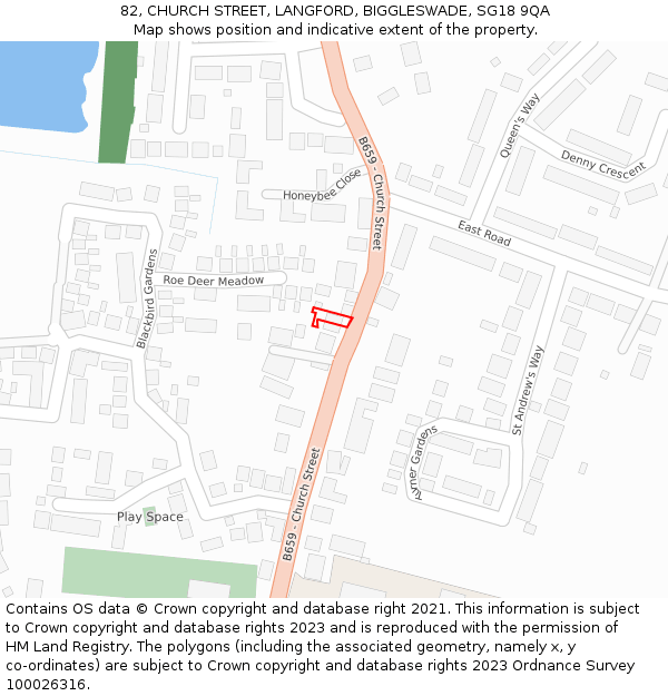 82, CHURCH STREET, LANGFORD, BIGGLESWADE, SG18 9QA: Location map and indicative extent of plot
