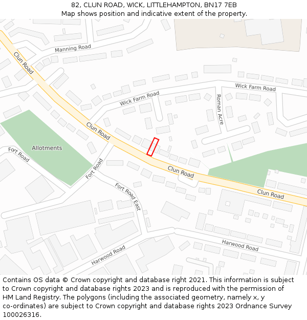 82, CLUN ROAD, WICK, LITTLEHAMPTON, BN17 7EB: Location map and indicative extent of plot