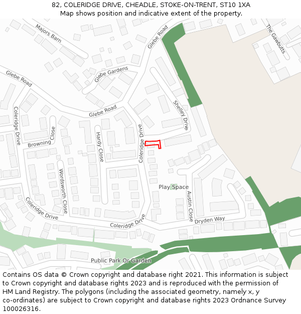 82, COLERIDGE DRIVE, CHEADLE, STOKE-ON-TRENT, ST10 1XA: Location map and indicative extent of plot