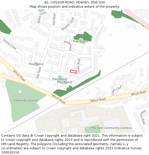 82, COSSOR ROAD, PEWSEY, SN9 5HX: Location map and indicative extent of plot