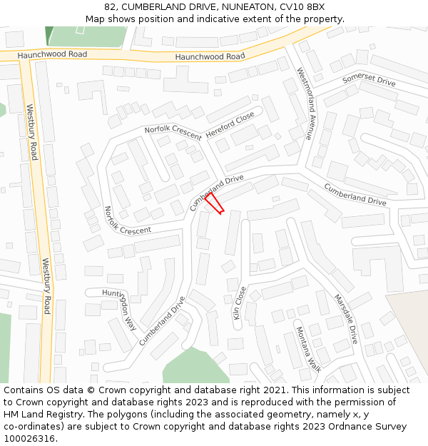 82, CUMBERLAND DRIVE, NUNEATON, CV10 8BX: Location map and indicative extent of plot