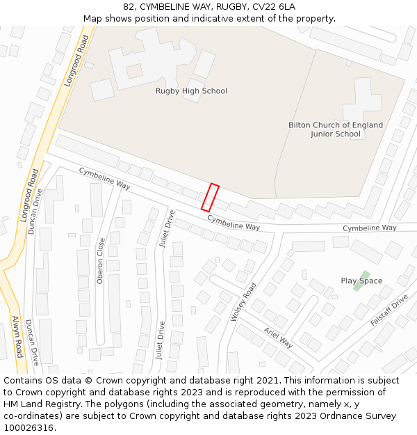 82, CYMBELINE WAY, RUGBY, CV22 6LA: Location map and indicative extent of plot