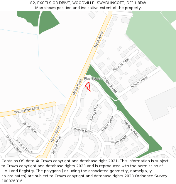 82, EXCELSIOR DRIVE, WOODVILLE, SWADLINCOTE, DE11 8DW: Location map and indicative extent of plot