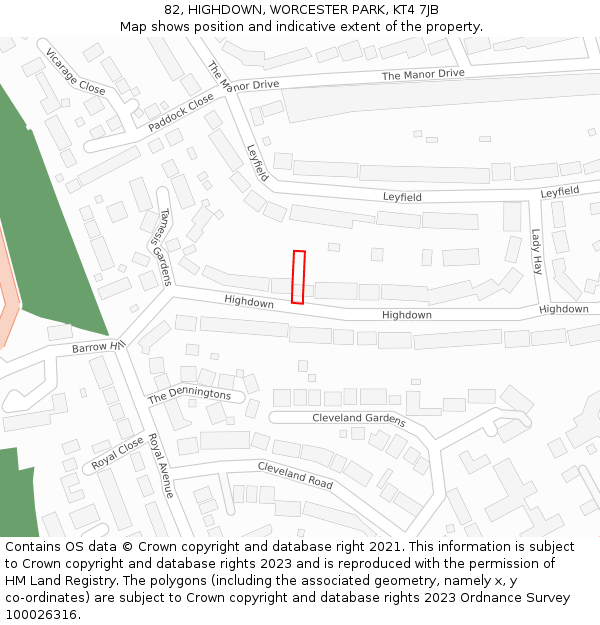 82, HIGHDOWN, WORCESTER PARK, KT4 7JB: Location map and indicative extent of plot