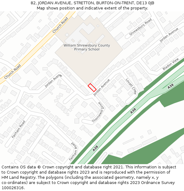 82, JORDAN AVENUE, STRETTON, BURTON-ON-TRENT, DE13 0JB: Location map and indicative extent of plot