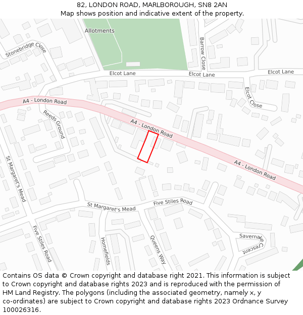 82, LONDON ROAD, MARLBOROUGH, SN8 2AN: Location map and indicative extent of plot