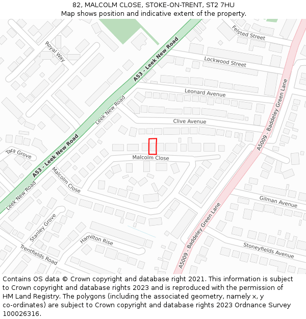 82, MALCOLM CLOSE, STOKE-ON-TRENT, ST2 7HU: Location map and indicative extent of plot