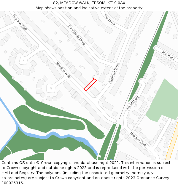 82, MEADOW WALK, EPSOM, KT19 0AX: Location map and indicative extent of plot