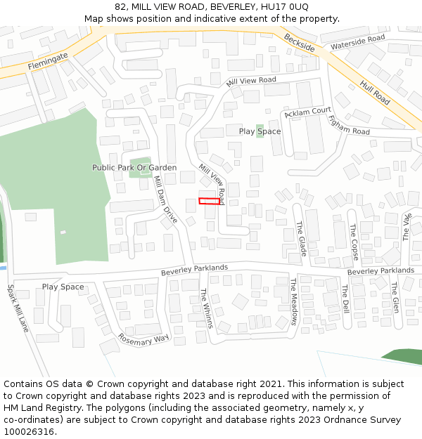 82, MILL VIEW ROAD, BEVERLEY, HU17 0UQ: Location map and indicative extent of plot