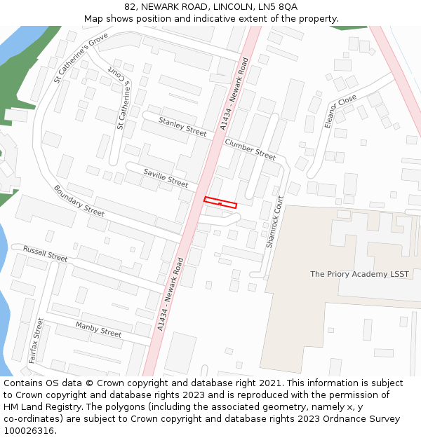 82, NEWARK ROAD, LINCOLN, LN5 8QA: Location map and indicative extent of plot