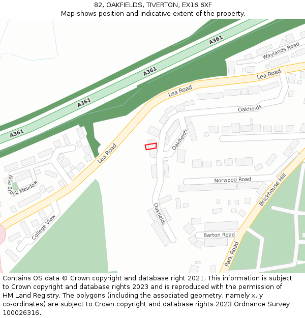 82, OAKFIELDS, TIVERTON, EX16 6XF: Location map and indicative extent of plot