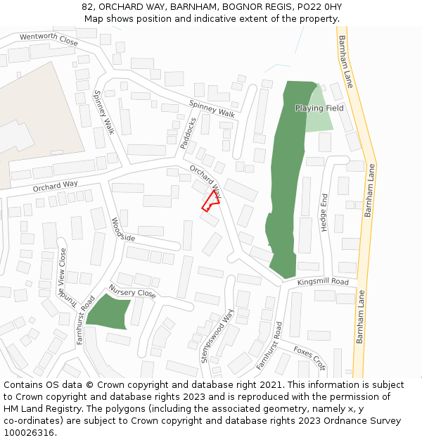 82, ORCHARD WAY, BARNHAM, BOGNOR REGIS, PO22 0HY: Location map and indicative extent of plot