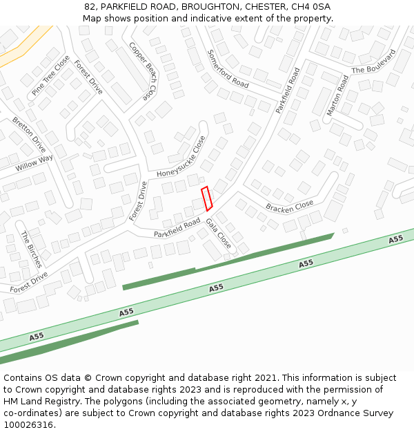 82, PARKFIELD ROAD, BROUGHTON, CHESTER, CH4 0SA: Location map and indicative extent of plot