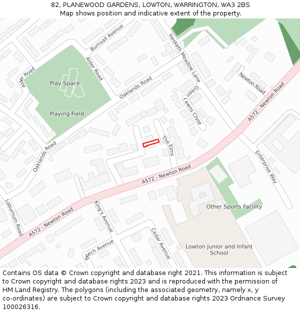 82, PLANEWOOD GARDENS, LOWTON, WARRINGTON, WA3 2BS: Location map and indicative extent of plot