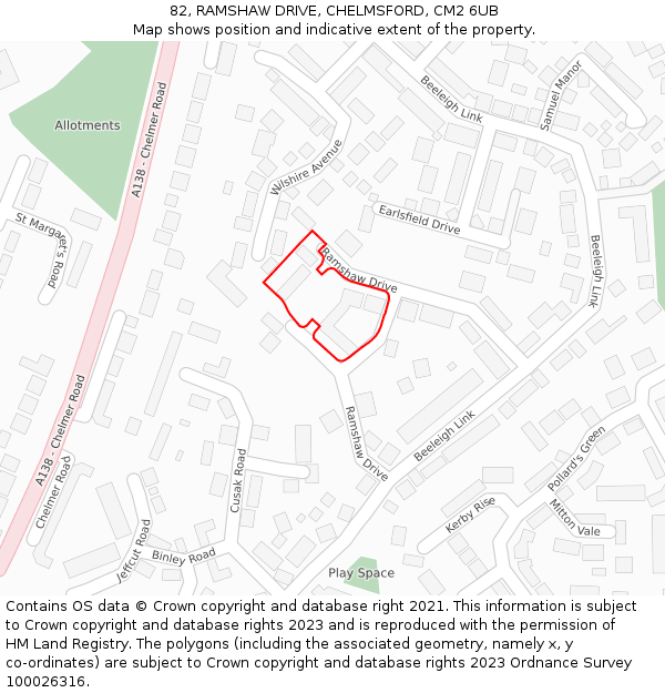 82, RAMSHAW DRIVE, CHELMSFORD, CM2 6UB: Location map and indicative extent of plot