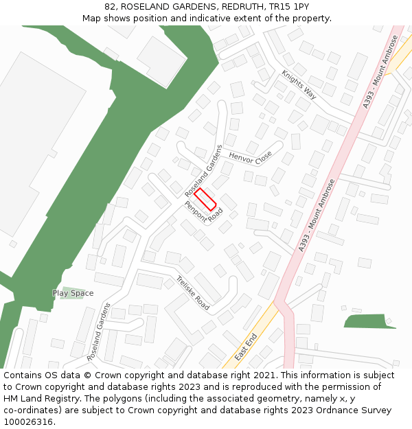 82, ROSELAND GARDENS, REDRUTH, TR15 1PY: Location map and indicative extent of plot