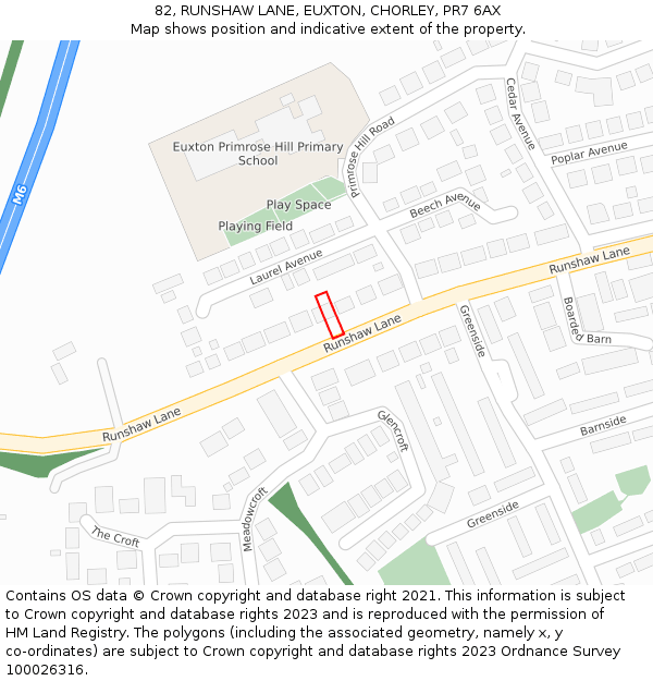 82, RUNSHAW LANE, EUXTON, CHORLEY, PR7 6AX: Location map and indicative extent of plot