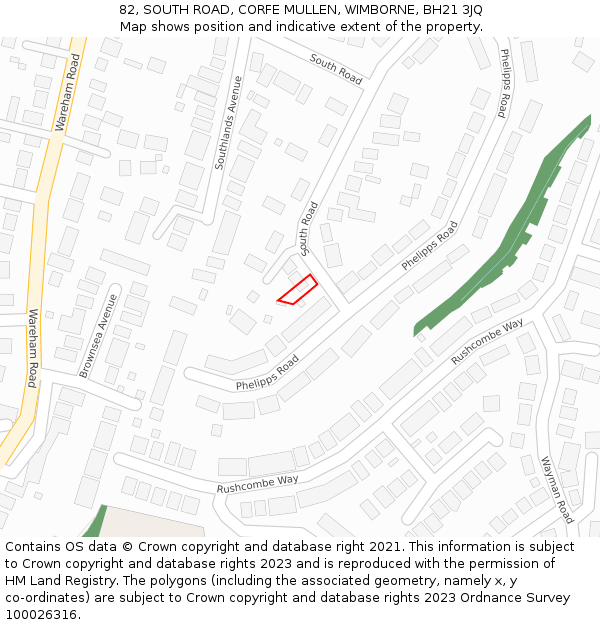 82, SOUTH ROAD, CORFE MULLEN, WIMBORNE, BH21 3JQ: Location map and indicative extent of plot