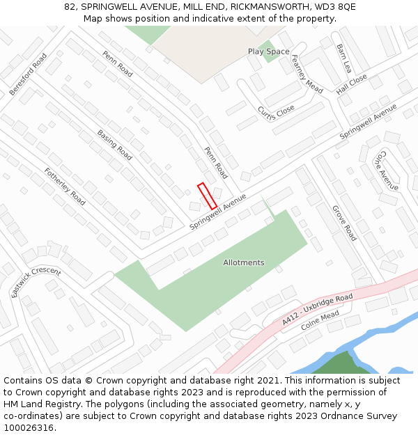 82, SPRINGWELL AVENUE, MILL END, RICKMANSWORTH, WD3 8QE: Location map and indicative extent of plot